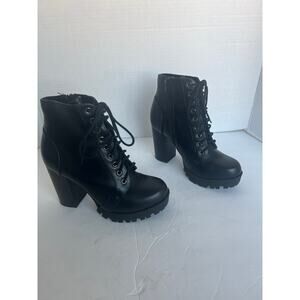 SODA Vegan Black Malia Combat Chunky Heel Round Toe Mid Calf Zipper Boots Sz 8